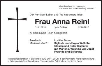 Traueranzeige von Anna Reinl von Pegnitz-Zeitung